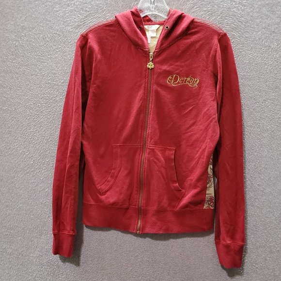 House Of Dereon Women Jacket Medium Red Hooded Logo Embroidered Full‎ Zip - Picture 1 of 9